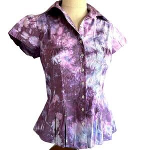 Womens Shirt Size 6 Purple Pink Cosmic Tie Dye Flare Button Cap Sleeve Whimsical